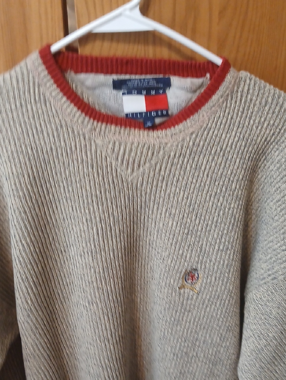 Tommy Hilfiger Men's Cream Crewneck Sweater with Red Trim